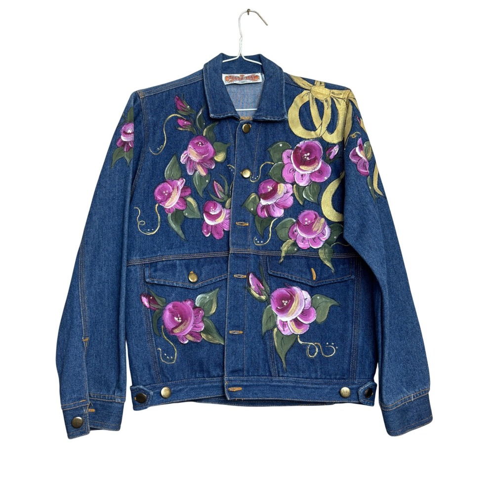 90s Hand Painted Denim Jacket Floral Boho Cottagecore Jacket Girls L 14 Romantic